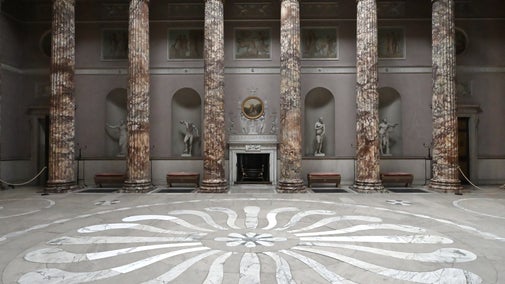 View of the Marble Hall floor at Kedleston with marble pillars in the background